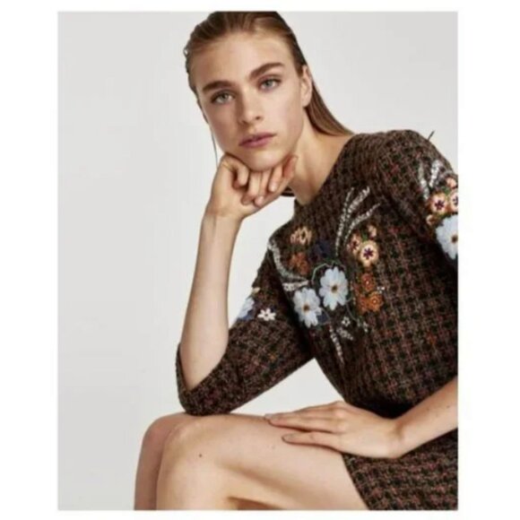 Zara Tweed Sequin FLoral Dress, sz XS-Small - Picture 2 of 13